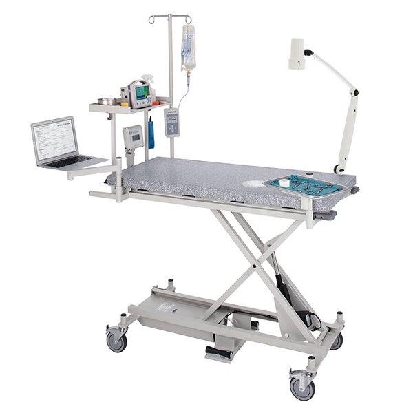 A fully accessorized Olympic Advanced Treatment Station complete with an equipment shelf, IV pole, laptop tray, procedure light, and instrument tray.